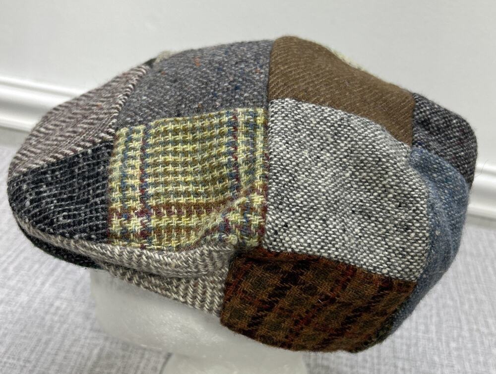 Hanna Donegal Tweed Wool Hat Flat L Blue Cabbie Newsboy Ireland Patchwork Scally
